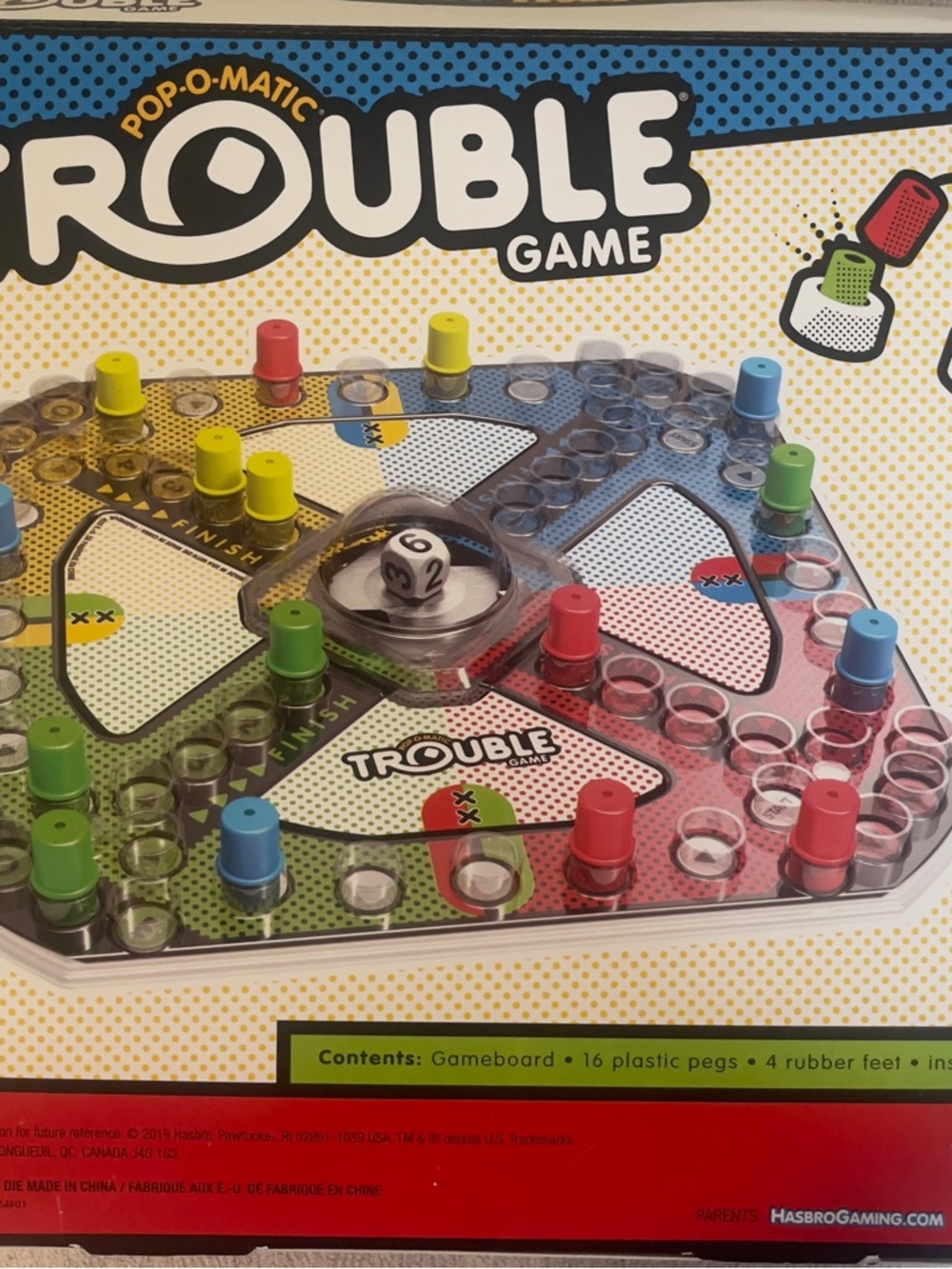 Hasbro Pop-O-Matic Trouble Board Game with Red, Blue, Green, Yellow Pegs